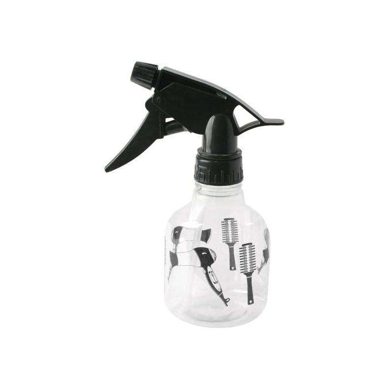 Annie spray bottle for hair styling with black trigger and clear body printed with hair tools
