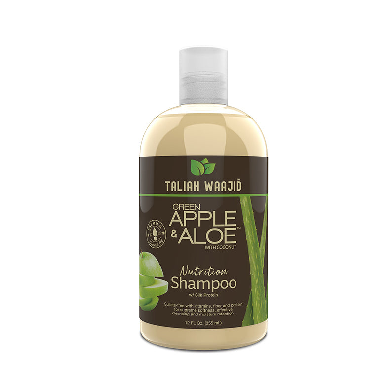 Taliah Waajid Green Apple Aloe Shampoo bottle with green apple and aloe graphics nutrition formula
