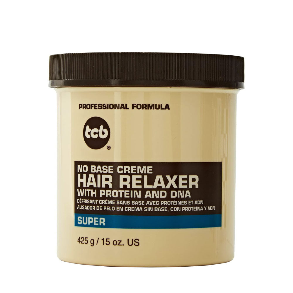 TCB no base relaxer hair cream with protein and DNA in a 15 oz container for smooth styling