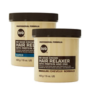 TCB no base relaxer hair cream in Super and Regular formulas with protein and DNA for smooth hair