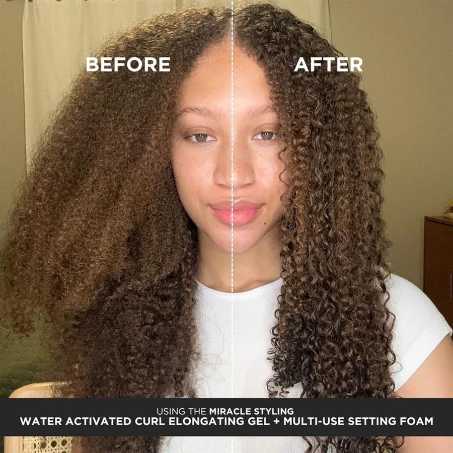 TGIN before and after photo of woman showing frizzy to defined curls using water activated curl gel
