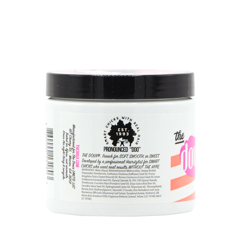 THE DOUX white jar with black lid containing curl defining cream for natural hair on white background