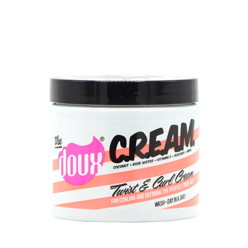 The DOUX Twist and Curl Cream jar curl defining cream for natural hair with coconut and rose water