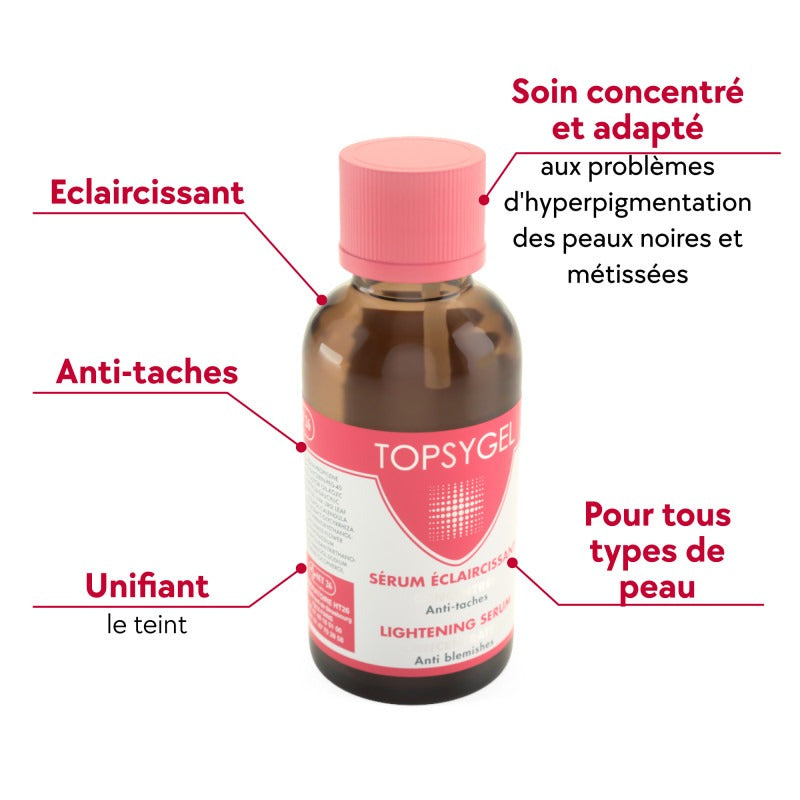 TOPSYGEL lightening serum for face in glass bottle with pink cap suitable for all skin types and dark spot reduction