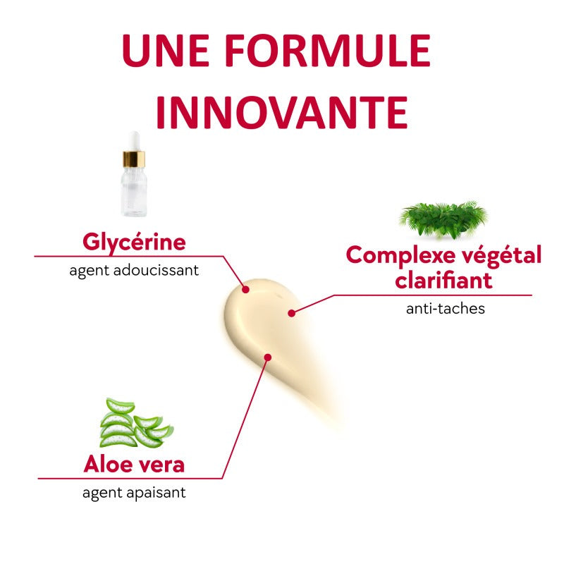 TOPSYGEL lightening serum for face ingredient graphic showing glycerin aloe vera and plant clarifying complex