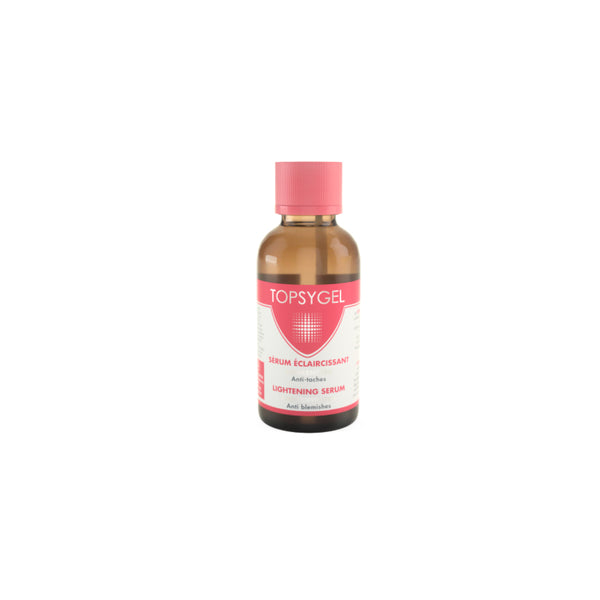 TOPSYGEL lightening serum for face in amber bottle with pink cap and label for brightening and blemish care