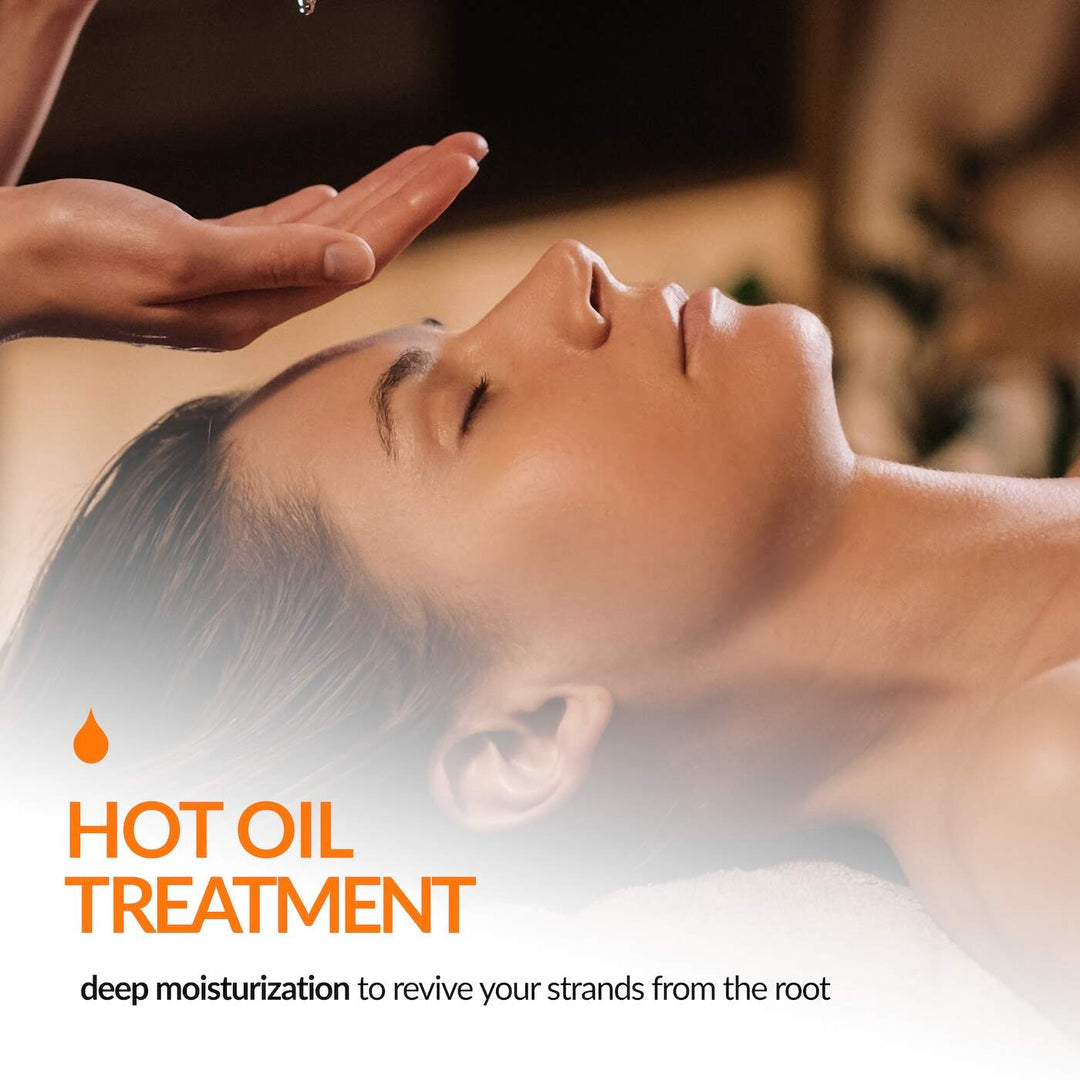 Tropic Isle Living hot oil treatment showing woman receiving oil massage using Jamaican black castor oil for hair growth