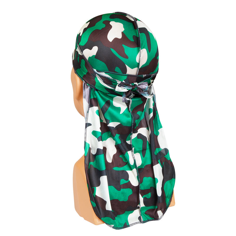 NICKA K deep green camo durag with long tail and tied back straps in glossy satin finish