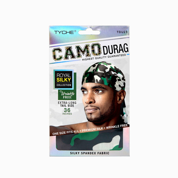 NICKA K deep green camo durag silky spandex 36 inch extra long tail shown on model in retail packaging