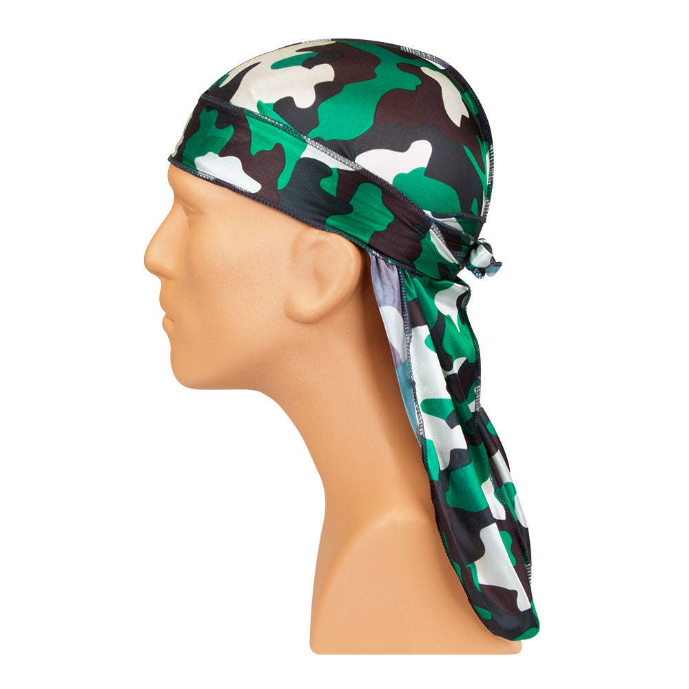 NICKA K deep green camo durag on mannequin head with smooth satin finish and long tail