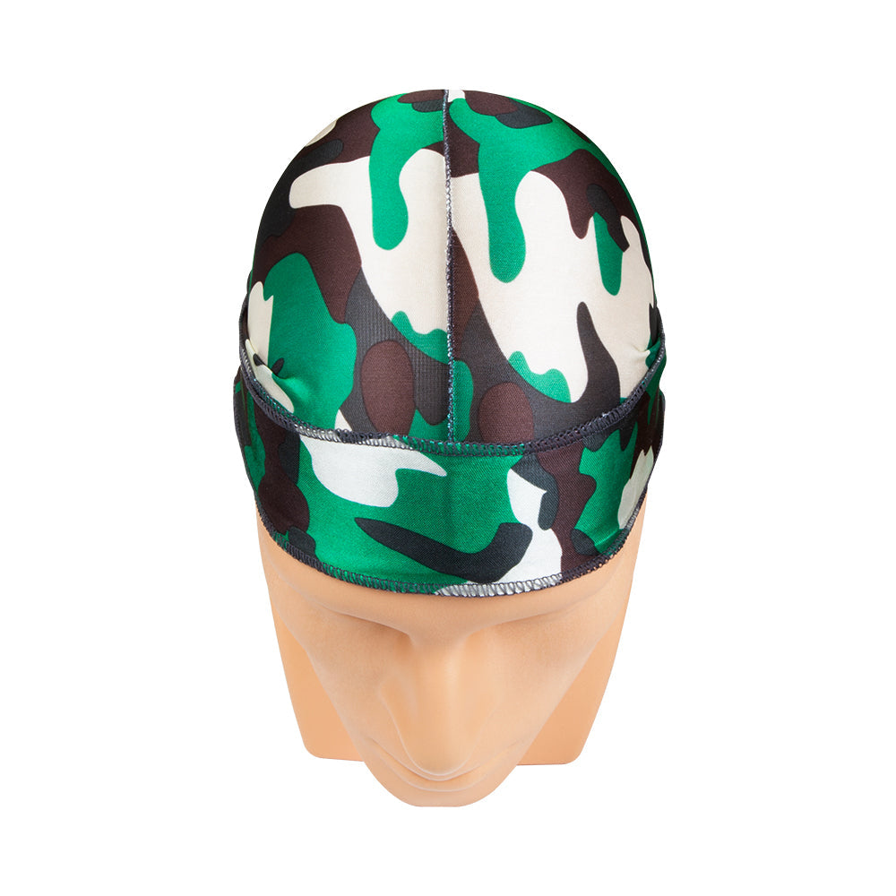 NICKA K deep green camo durag on mannequin head with smooth stretch fabric and reinforced center seam
