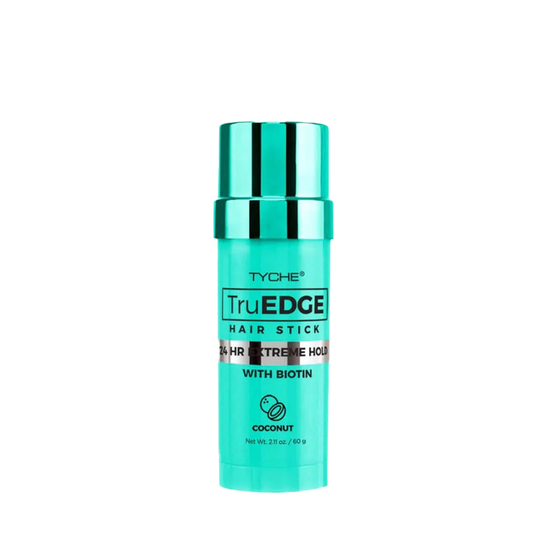 Turquoise TruEDGE hair stick bottle with coconut icon and 24hr extreme hold edge control stick coconut