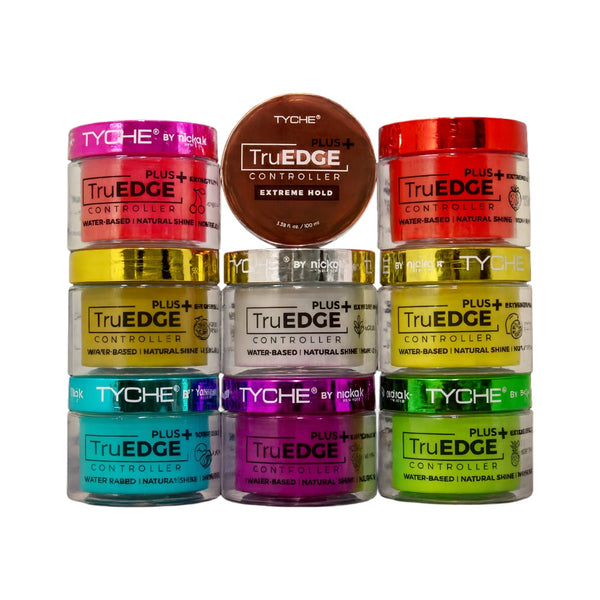 NICKA K TrueEdge Controller jars in assorted colors stacked water based extreme hold edge control gel for styling edges