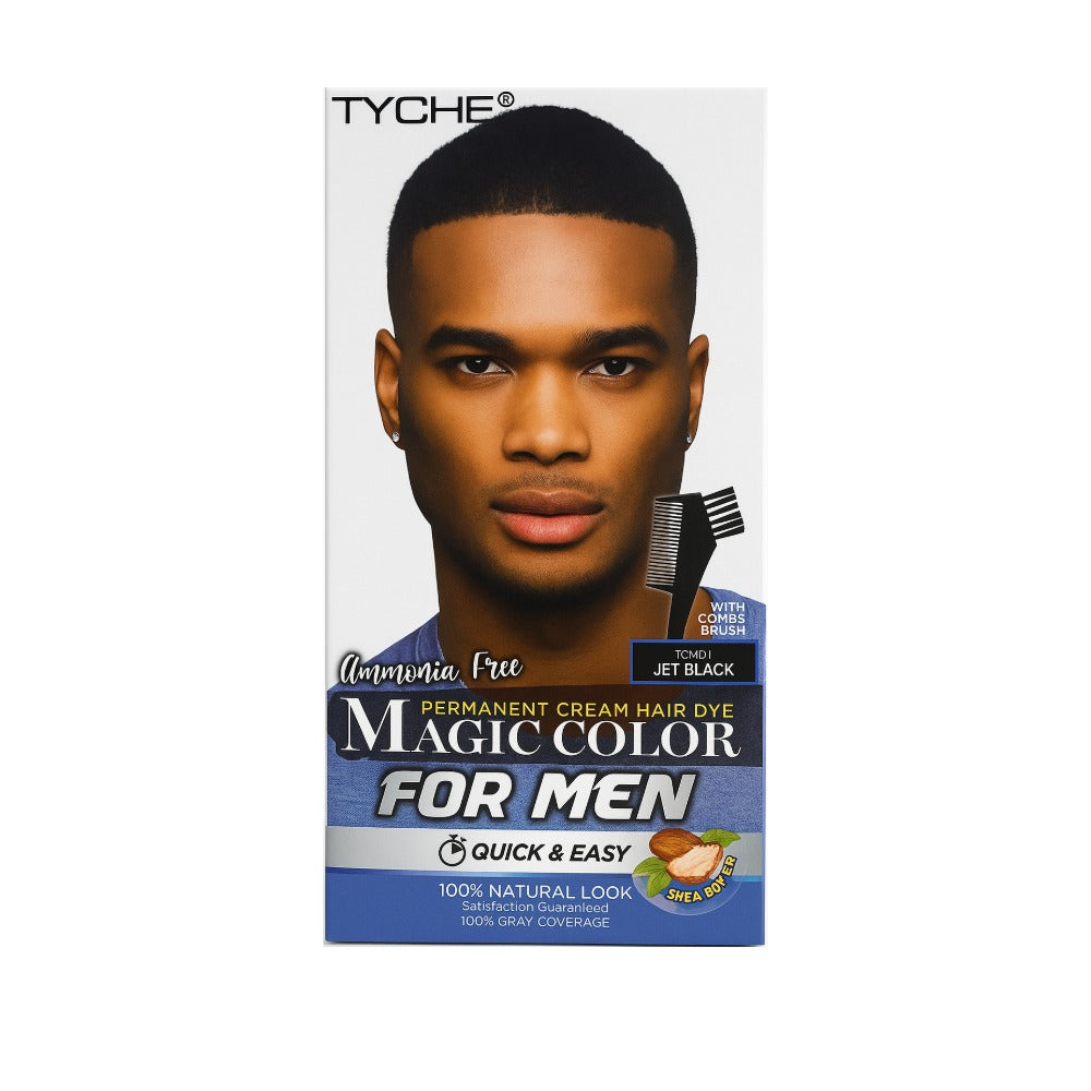 Box of jet black hair dye for men showing male model with short cut comb applicator and shea butter