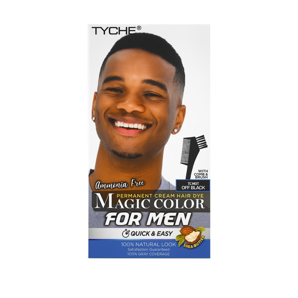 Box of off black hair dye for men showing smiling man portrait applicator comb and product branding
