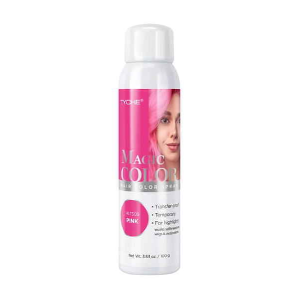 NICKA K Magic Color can of pink temporary hair color spray with model showing pastel pink highlights