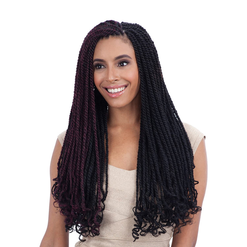SHAKE N GO Cuban twist braid hair extensions in black and burgundy on smiling woman