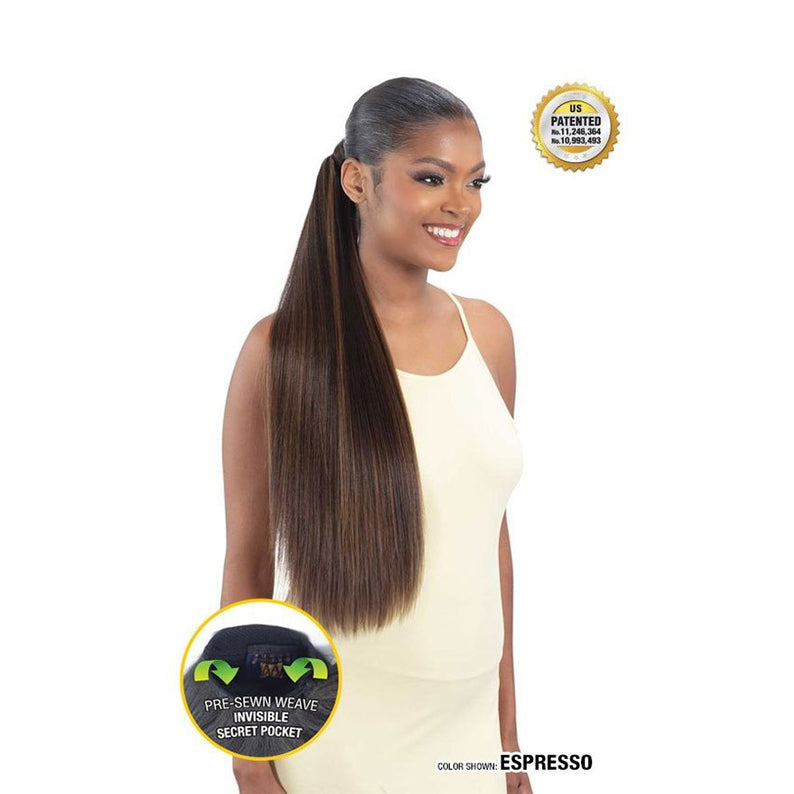 Shake n Go sleek straight ponytail extension in espresso worn by woman with long smooth hair