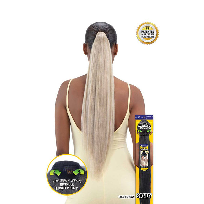 SHAKE N GO sleek straight ponytail extension in sandy color shown on model with pre-sewn weave and invisible secret pocket