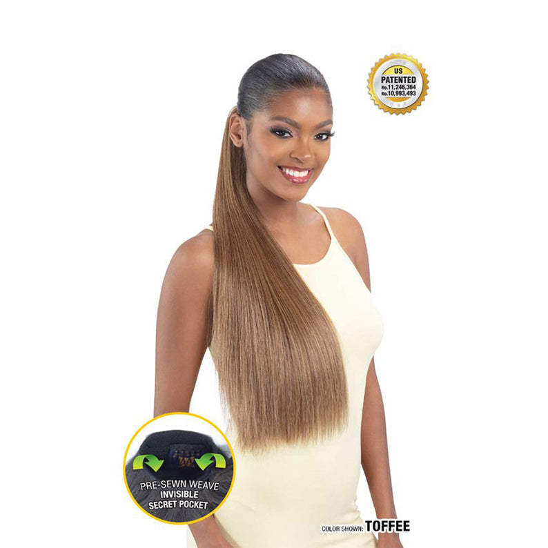 SHAKE N GO sleek straight ponytail extension in toffee color worn by model with pre-sewn weave invisible secret pocket