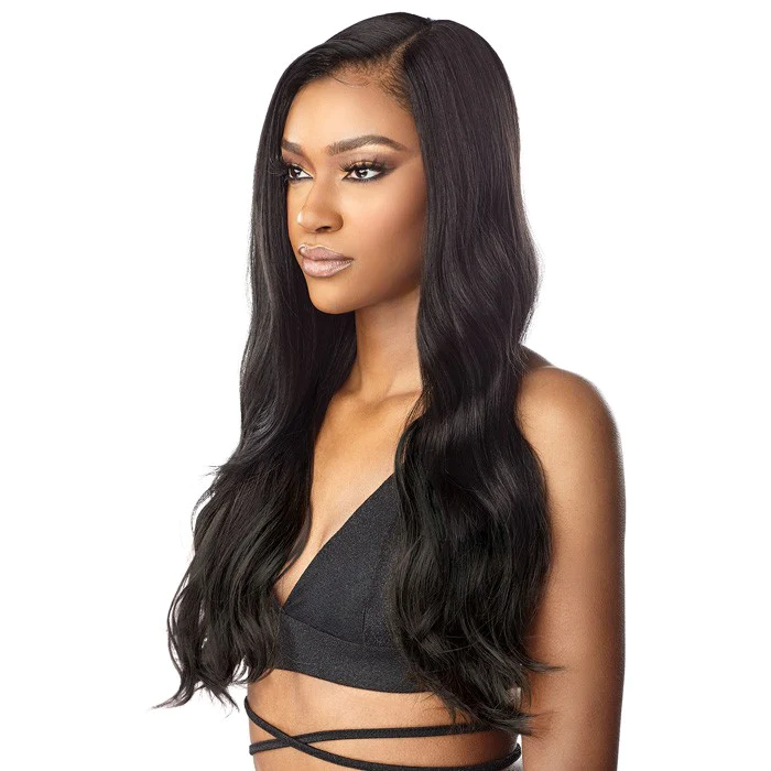 SENSATIONNEL HD lace wig long natural black body wave with natural hairline and center part for everyday wear
