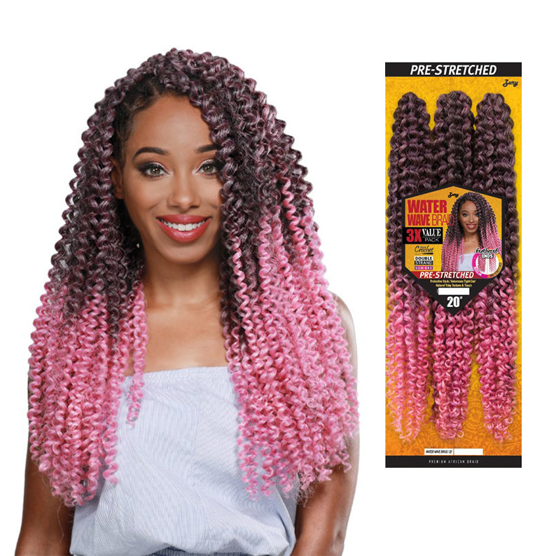 Royal Imex water wave braid hair extensions in black to pink ombre on a smiling woman with curly hairstyle