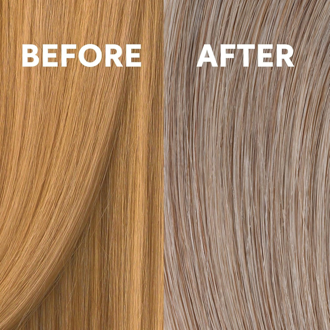Wella before and after hair swatch showing warm brassy to cool neutral results using medium beige blonde hair toner