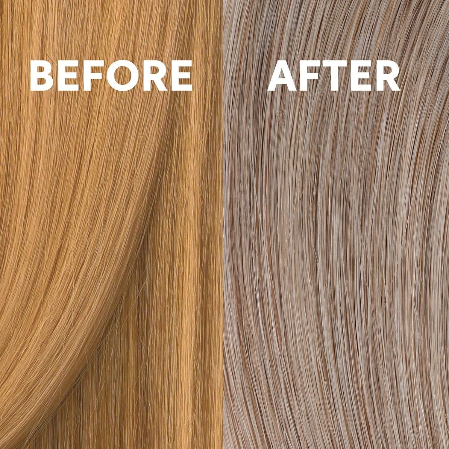Wella before and after hair swatch showing warm brassy to cool neutral results using medium beige blonde hair toner