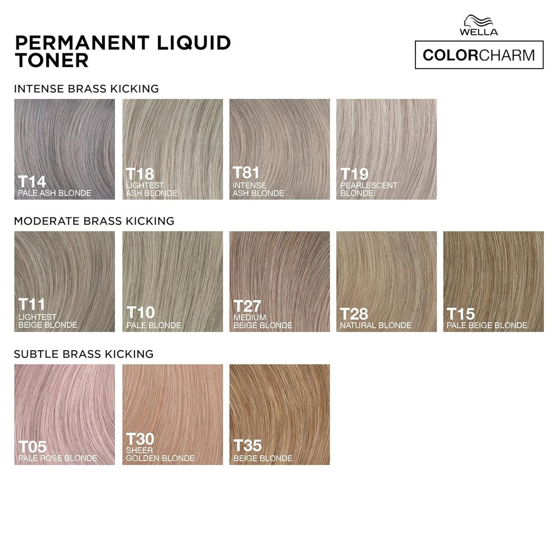 Wella Color Charm permanent liquid toner swatch chart showing T14 T18 T81 T19 and including T27 medium beige blonde hair toner