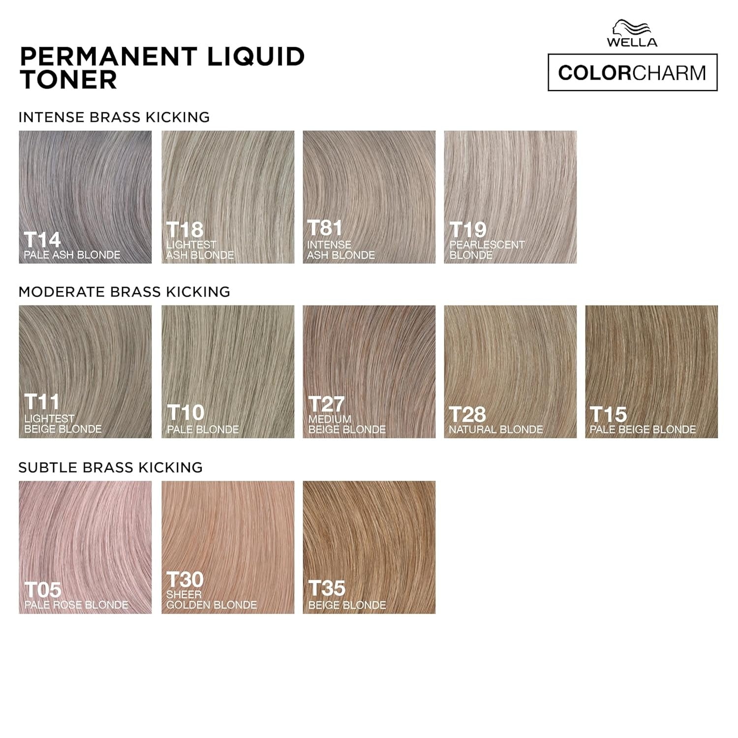 Wella Color Charm permanent liquid toner swatch chart showing T14 T18 T81 T19 and including T27 medium beige blonde hair toner
