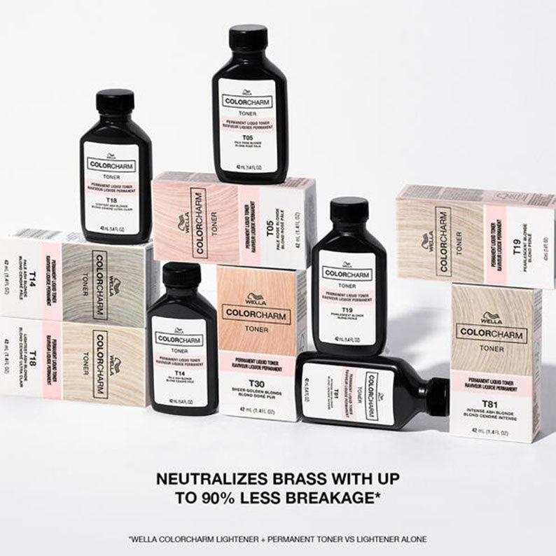 WELLA ColorCharm medium beige blonde hair toner bottles and boxed kits arranged on white background