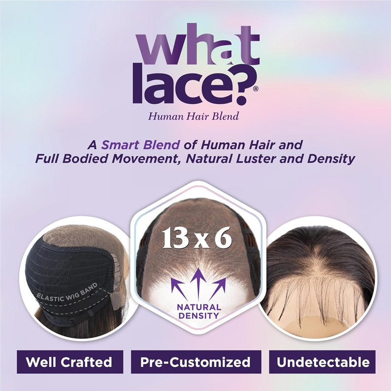 SENSATIONNEL What Lace 13x6 human hair blend wig. Banner with 13x6 lace cap closeups elastic wig band and undetectable hairline