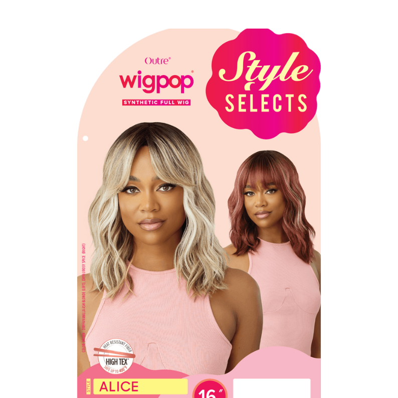 OUTRE Wigpop Alice synthetic hair wig 16 inch shoulder length layered blonde with bangs packaging