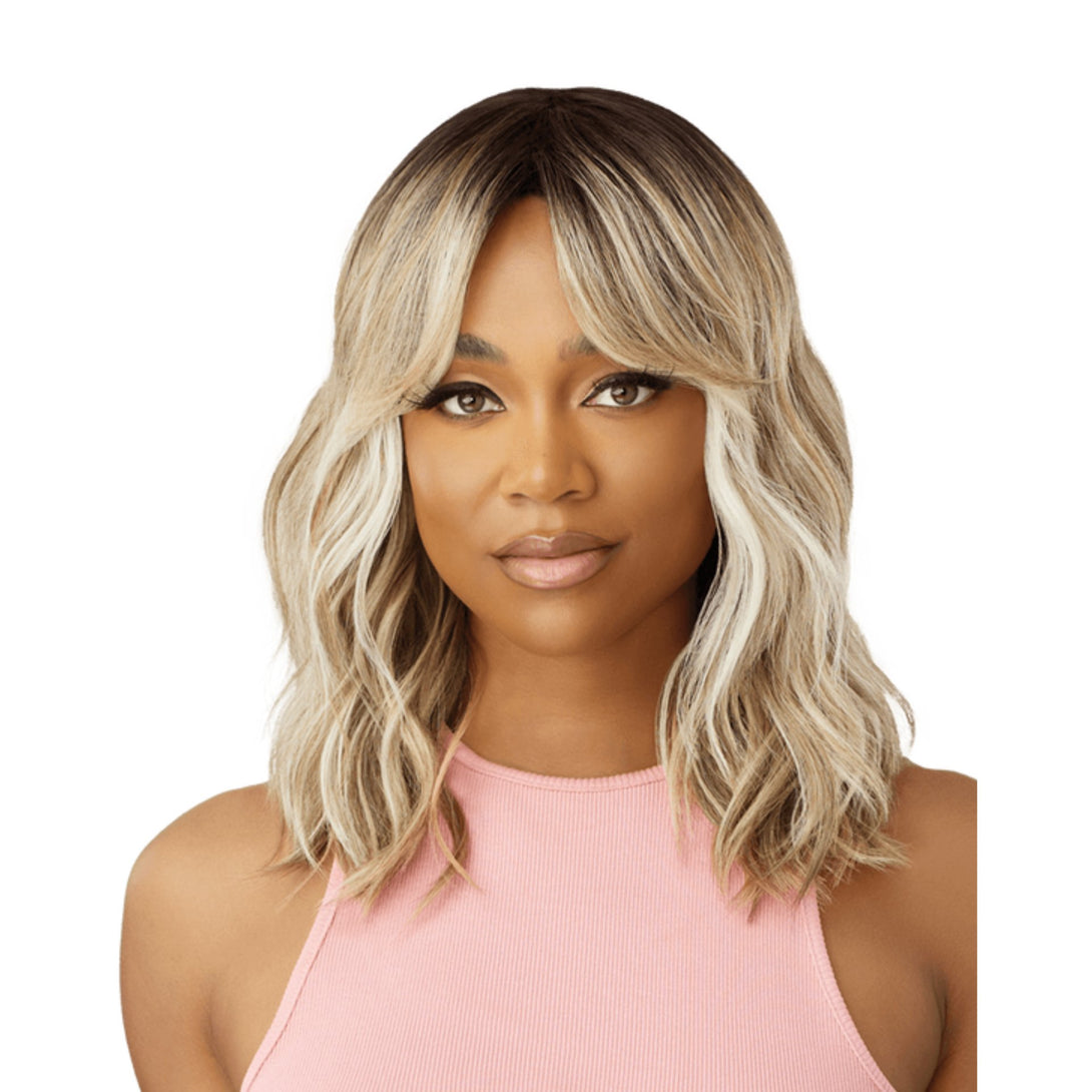 OUTRE synthetic hair wig 16 inch shoulder length wavy blonde with dark roots and curtain bangs
