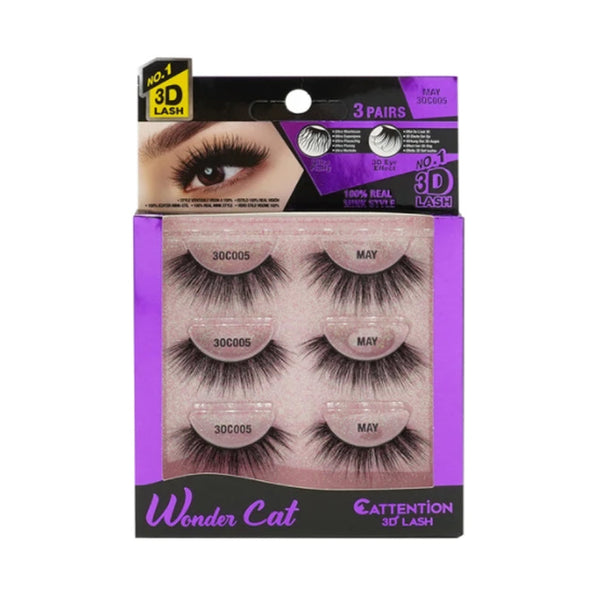 EBIN Wonder Cat packaging with three pairs of dramatic black false lashes Cattitude 3D lashes set