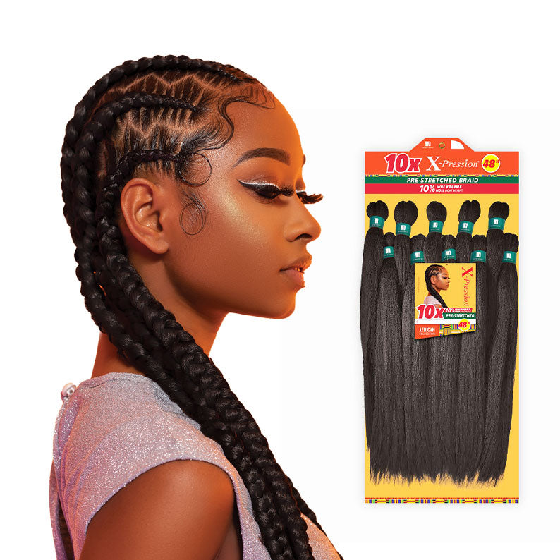 Sensationnel pre-stretched braiding hair 48 inch with long black braids and smooth texture