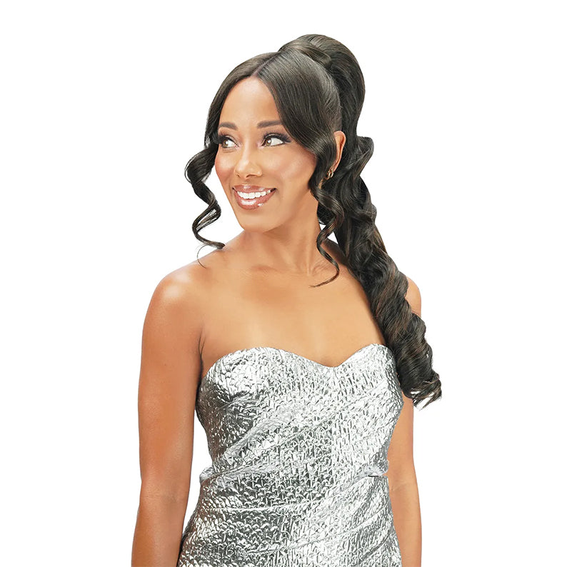 ROYAL IMEX long black drawstring ponytail with bangs on model wearing silver strapless dress smiling