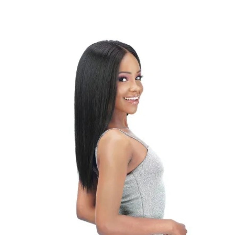 Smiling model wearing Natural Dream Multi Yaky hair extensions long straight black Yaky texture by ROYAL IMEX