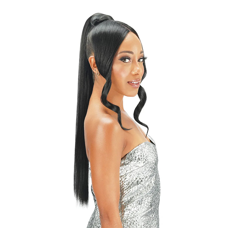 ROYAL IMEX model wearing Zury drawstring ponytail with bangs sleek long black high ponytail with curled face framing tendrils