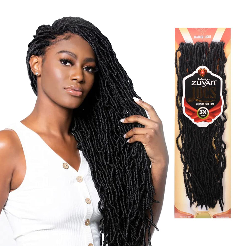 LAFLARE crochet faux locs 36 inch braids shown on model with long black textured faux locs