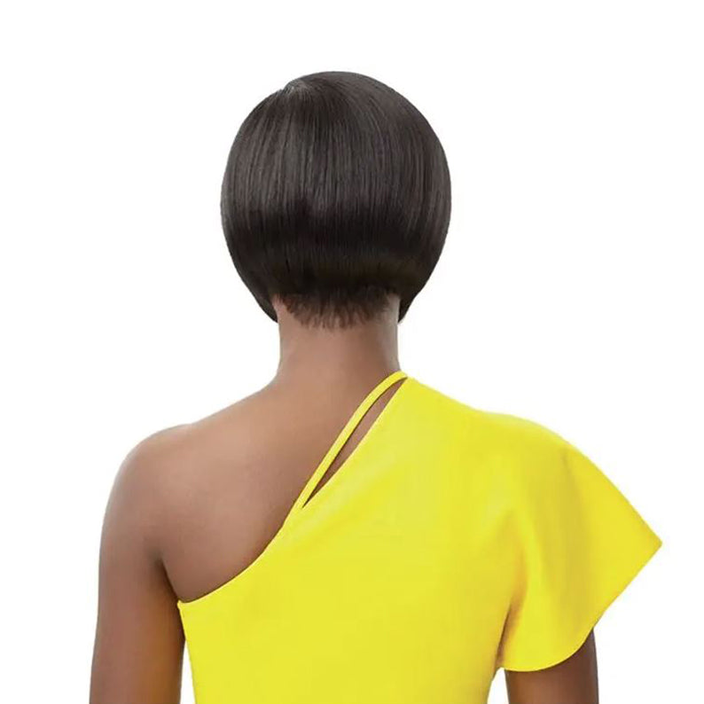 Back view of a short straight black OUTRE wig on a person wearing a yellow one-shoulder top