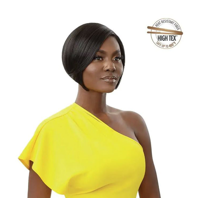 Outre short sleek black wig made with heat resistant fiber styled on a woman in a yellow dress