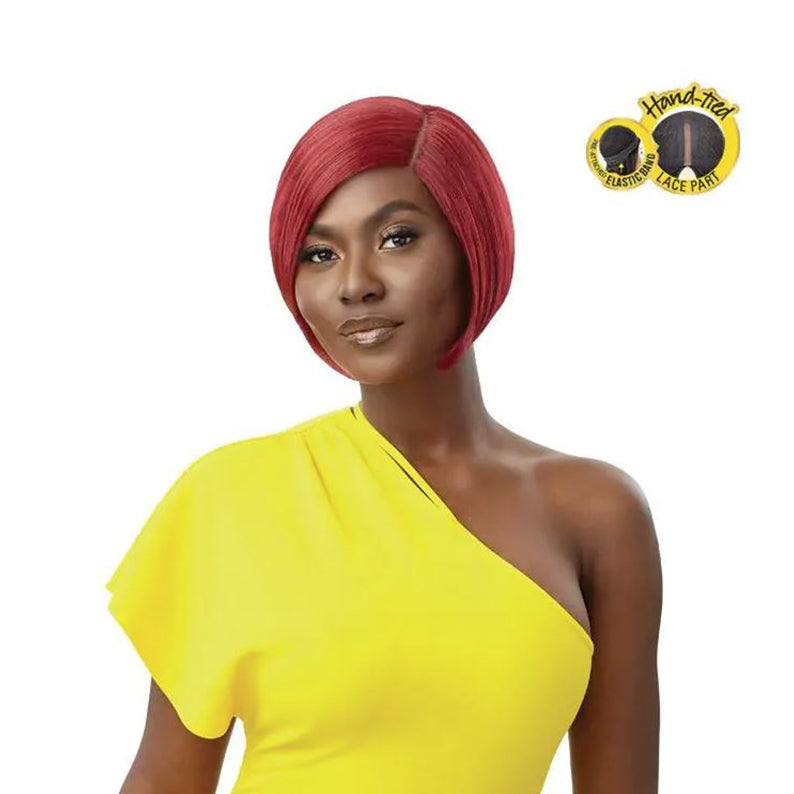 Outre red short bob wig with side part worn by model in yellow one-shoulder top