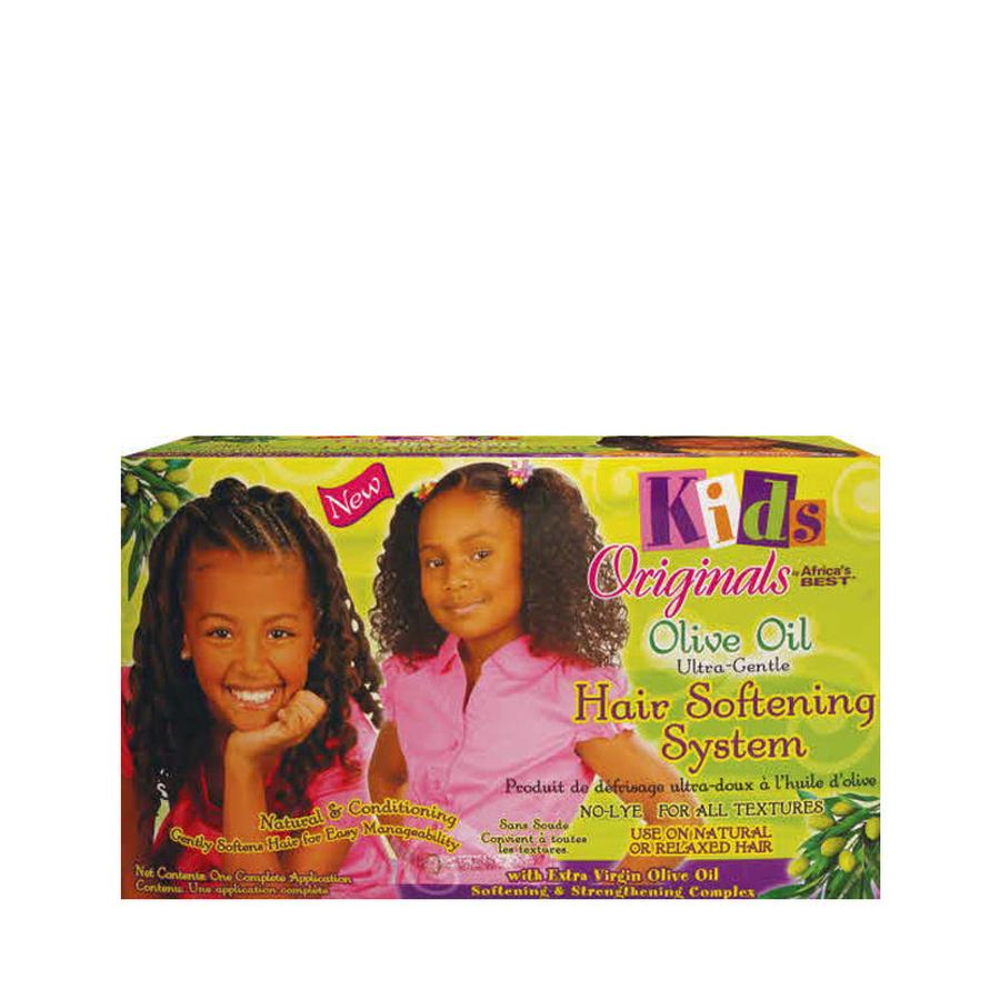 Box packaging of kids olive oil hair softening system by Africas Best showing two smiling girls with braids and curls