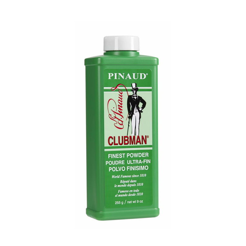 Clubman Pinaud talc powder in green rectangular Clubman bottle with white cap and classic gentleman label