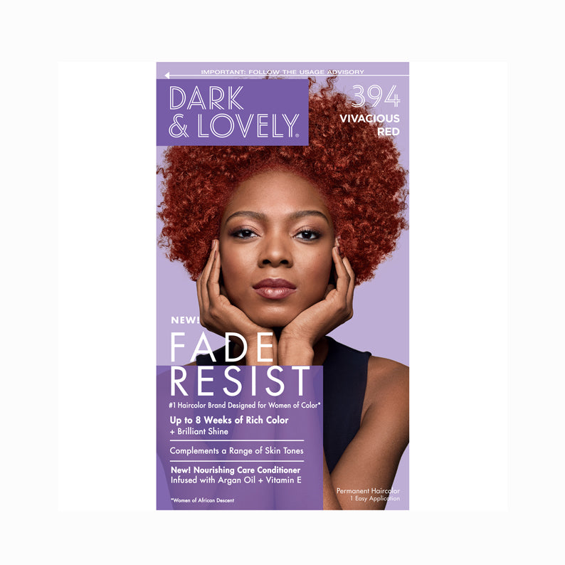 Dark and Lovely hair color kit in vivacious red with fade resist formula for up to 8 weeks of rich color