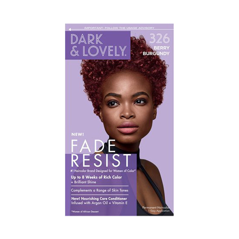 Dark and Lovely hair color kit in Berry Burgundy shade 326 with fade resist formula and nourishing conditioner