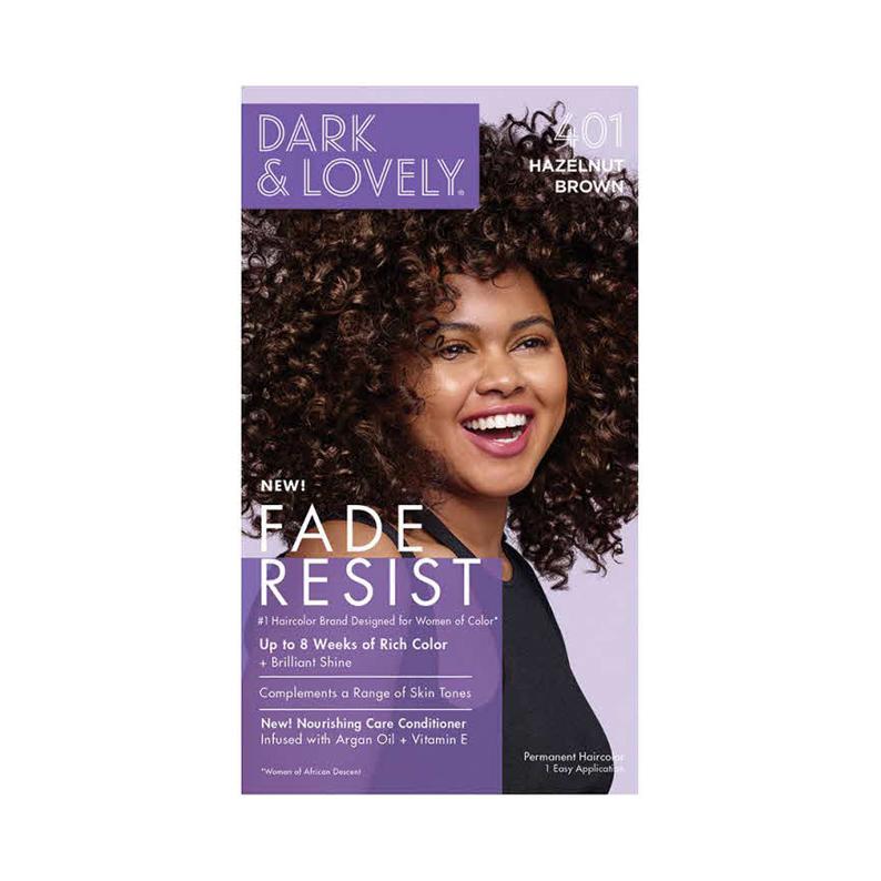 Dark and Lovely hair color kit in Hazelnut Brown with nourishing care conditioner and long-lasting color