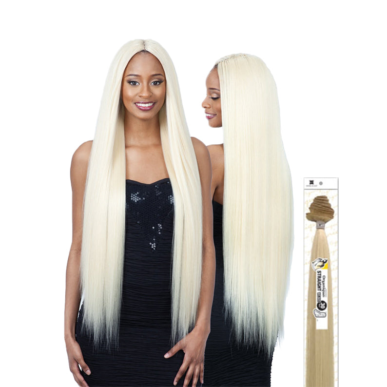 SHAKE N GO 30 inch straight synthetic wig in platinum blonde shown on a model from front and back