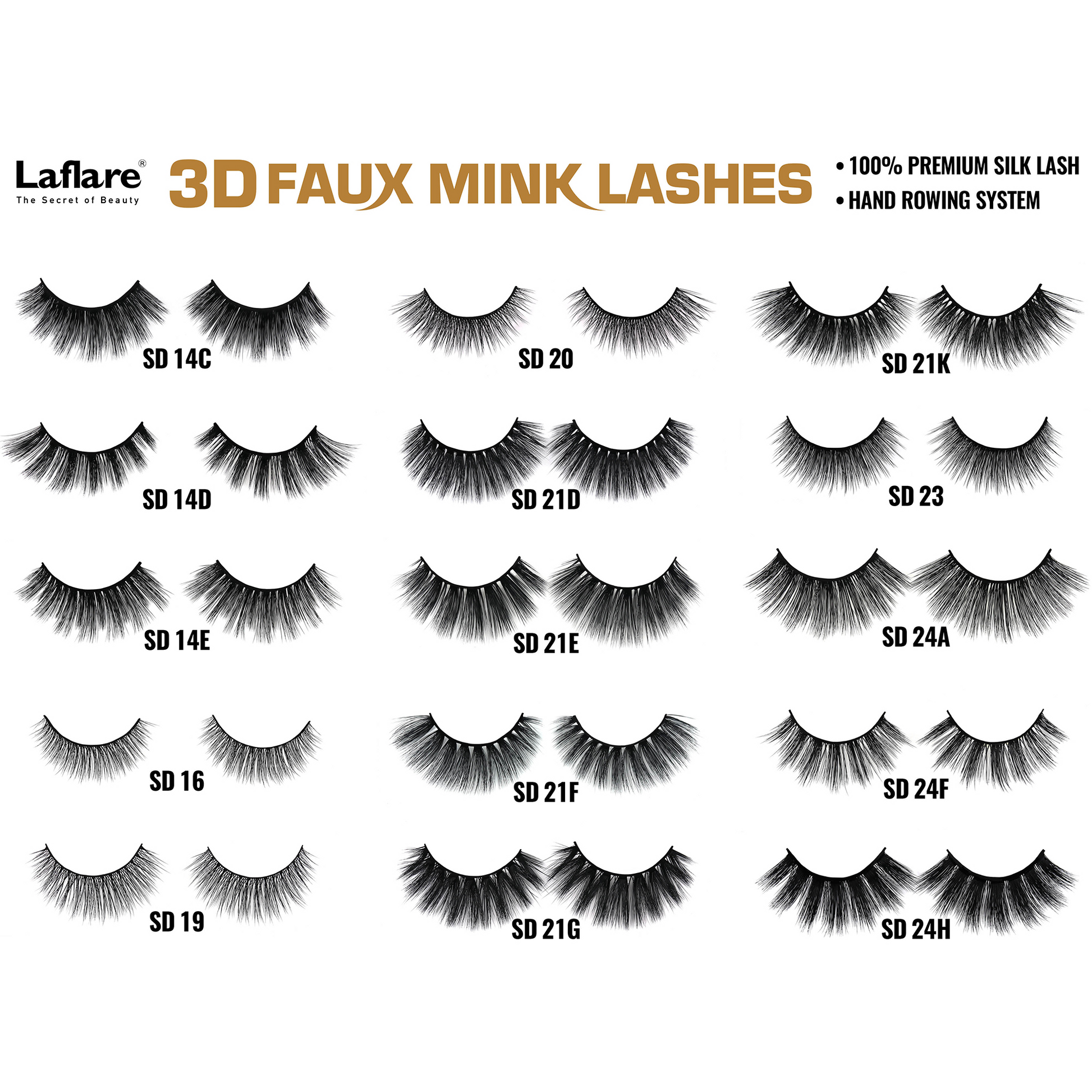 LAFLARE assortment of labeled 3D faux mink lashes display showing multiple styles and codes